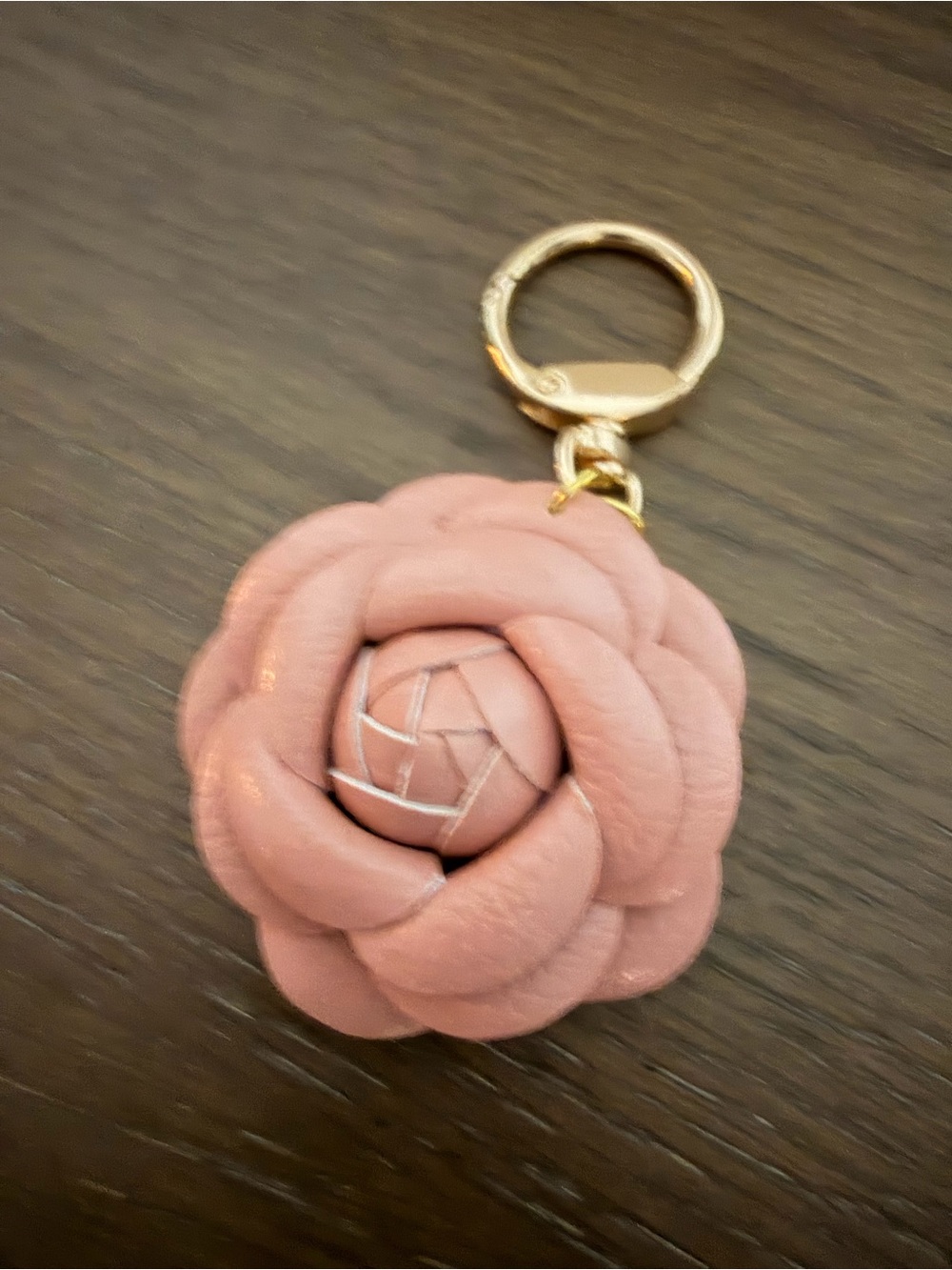 Handmade Pink Leather Flower Bag Charm and Keychain with Gold Ring